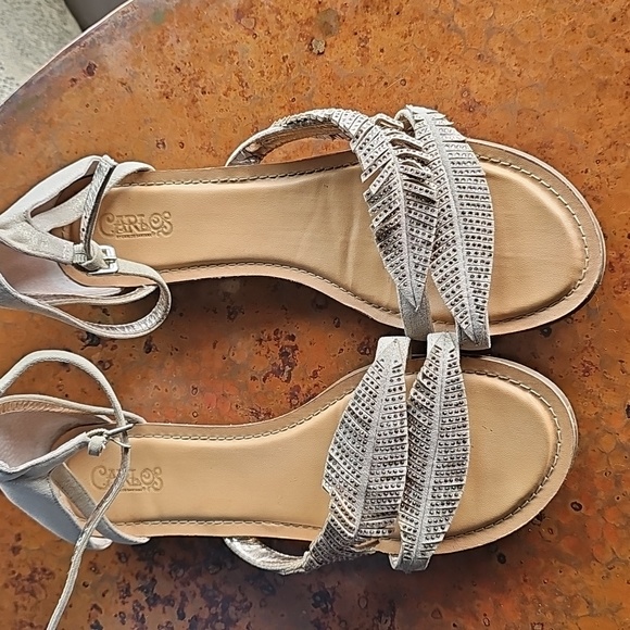Carlos Santana boho tan taupe gray ankle strap sandals feathers and sparkle - Picture 1 of 4